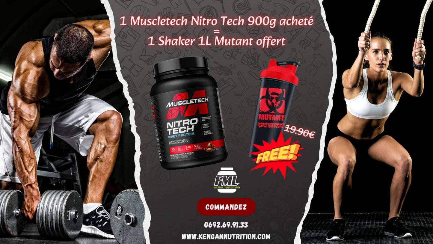 1 muscletech Nitro tech 900g acheté = 1 shaker 1L Mutant OFFERT