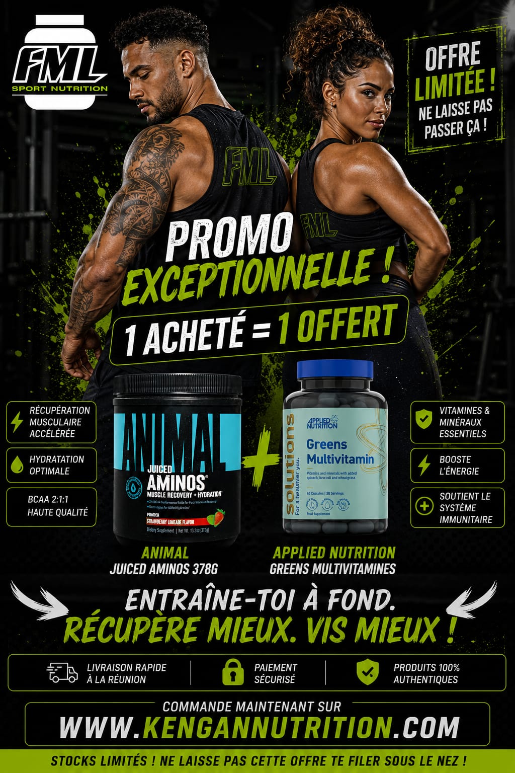 ANIMAL Juiced Aminos 350g Triple chocolat acheté = 1 Greens Multivitamine Offert