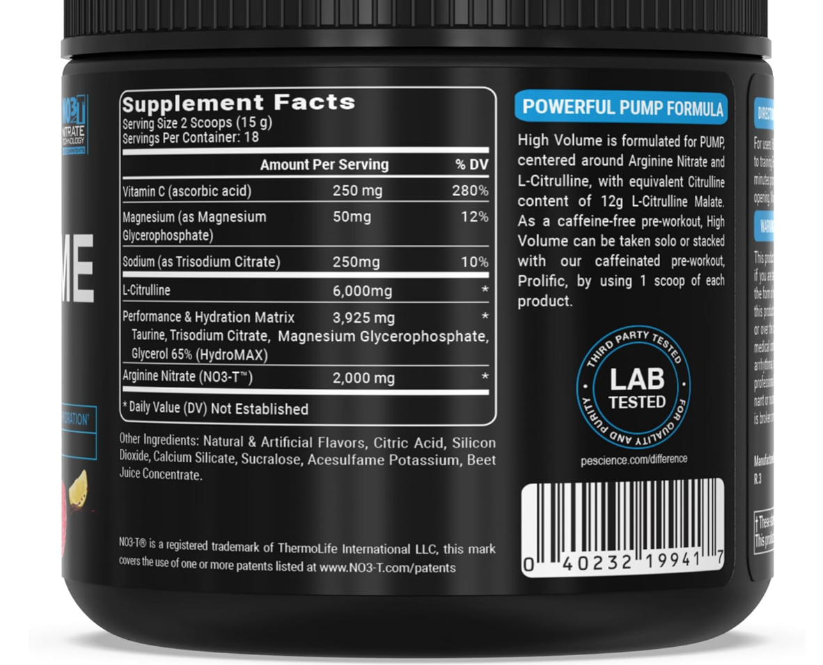 PEScience, High volume pré workout  sans caféine (masse musculaire) 270 g