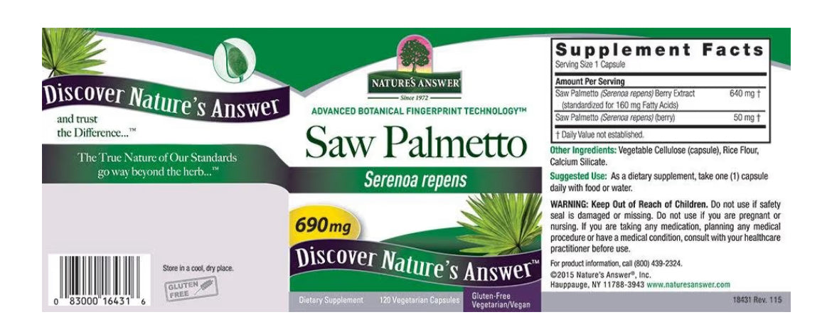 Nature’s answer Saw palmetto extract 690mg- 120 vcaps (santé de la prostate)