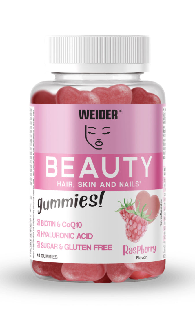 Weider Gummies Beauty Hair,skin,nails ( beauté cheveux, peau, ongles)Biotin,Q10, acide Hyaluronique sans sucre et sans gluten  - 40 gommes