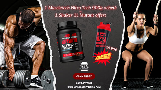 1 muscletech Nitro tech 900g acheté = 1 shaker 1L Mutant OFFERT