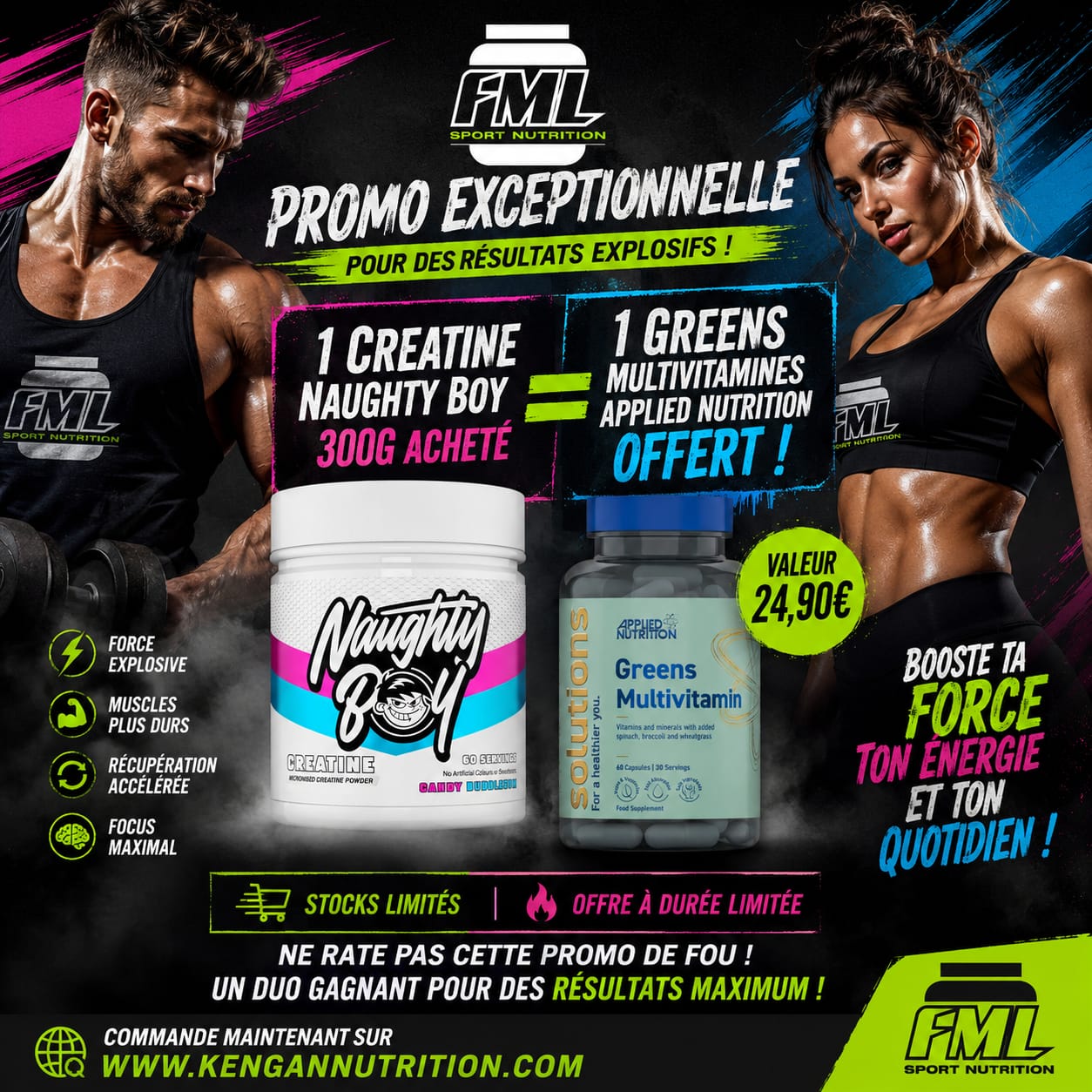 Naughty Boy Creatine -300G candy Bubble gum acheté = 1 Greens multivitamin offert