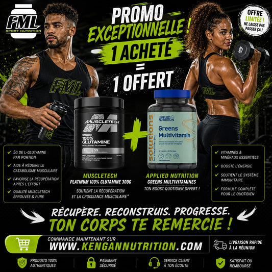 MUSCLETECH PLATINUM 100% GLUTAMINE 300G acheté = 1 Greens multivitamine offert